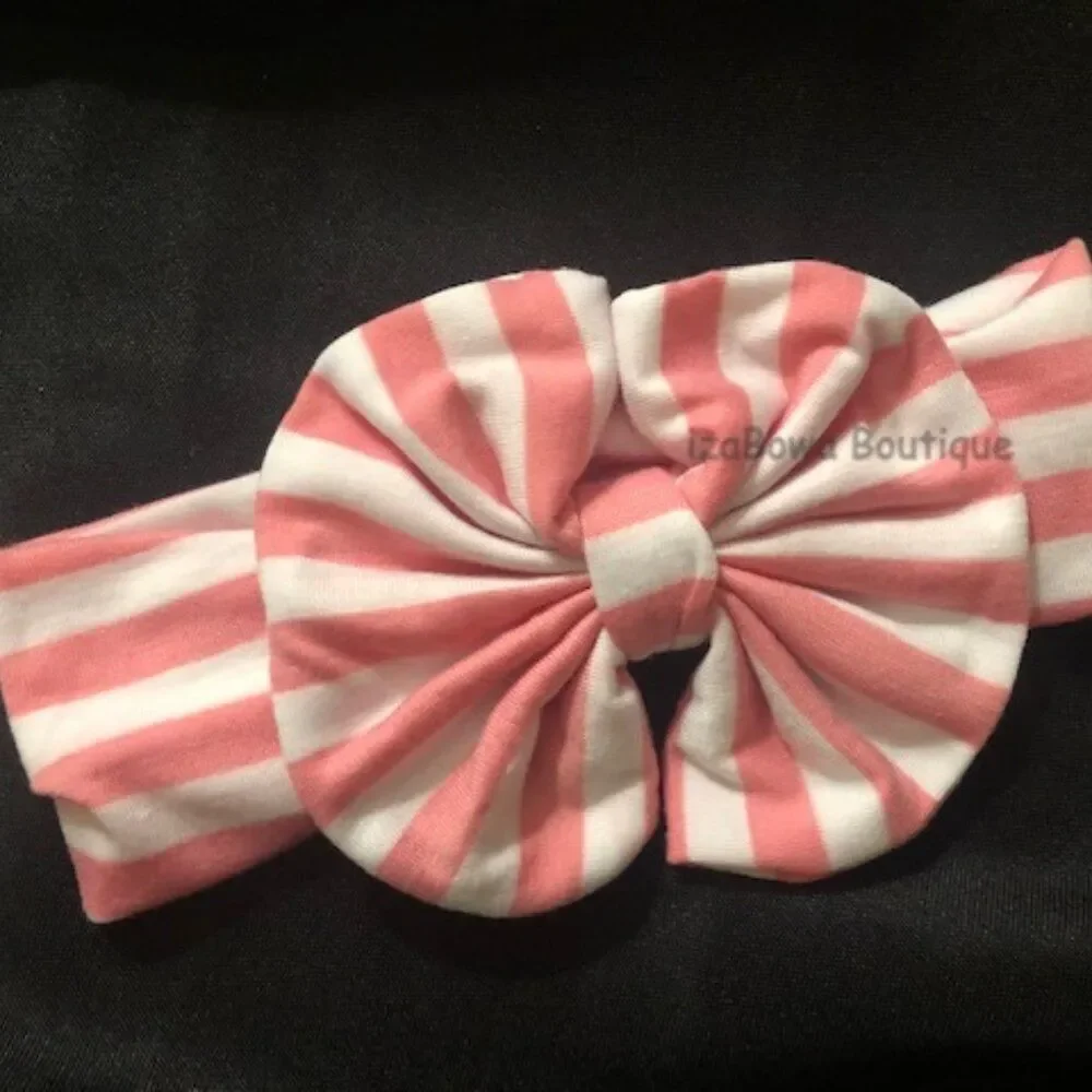 Pink & White Stripe Cotton Big Bow Headband  PSMBHB  Handmade NWT Boutique